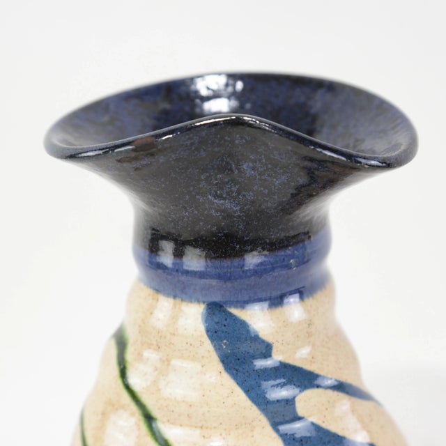 Beige Vintage Handcrafted Pottery Vase With Abstract Glaze Design and Flared Rim For Sale - Image 8 of 14
