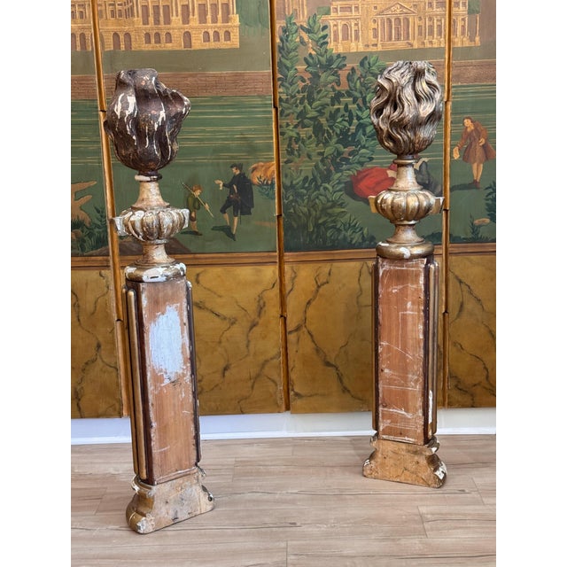 Wood Pair of Late 18th or Early 19th Century Continental Carved Giltwood Flame Urn Columns For Sale - Image 7 of 12