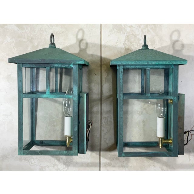 Vintage Pair of Solid Brass Outdoor Wall Lanterns – 13”h X 7”.5w X 7”.5d For Sale - Image 18 of 18