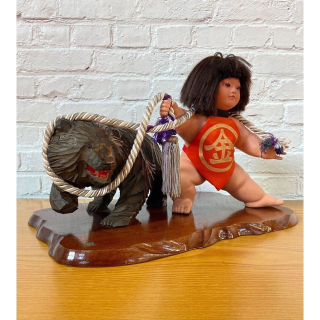 Vintage Japanese Kintarō Doll with Carved Wooden Bear, 1970s For Sale - Image 6 of 12
