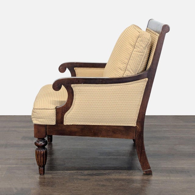 Traditional Classic Wooden Lounge Chair With Beige Cushions For Sale - Image 3 of 7