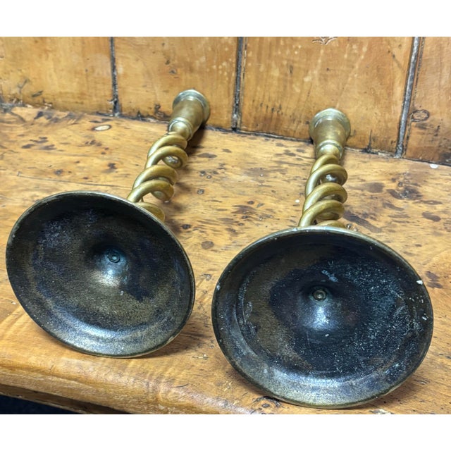 English Antique English Brass Open Barley Twist Candlesticks For Sale - Image 3 of 4