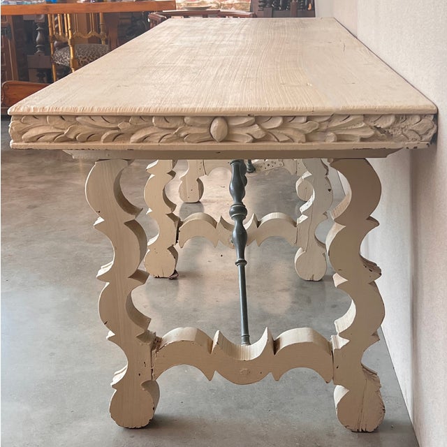 19th White Painted White Country Lyre Legs Large Console or Center Table For Sale - Image 4 of 13