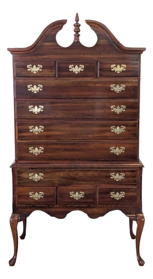 1970's Solid Cherry Queen Anne Bonnet Top Highboy by Cresent Furniture