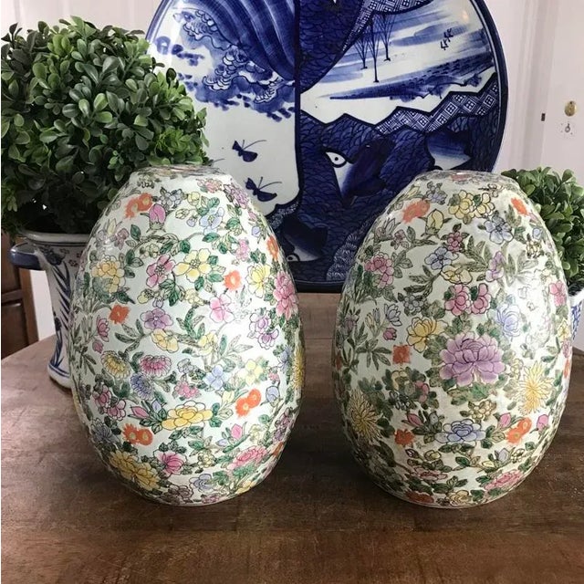 These beautiful floral egg-shaped bases were formerly a pair of table lamps in another life……ready to come back for an...