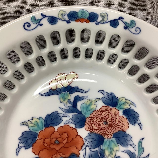 Hollywood Regency Vintage Asian Hand-Painted Peony With Open Work Porcelain Bowl in Blue & Salmon, Signed. For Sale - Image 3 of 9