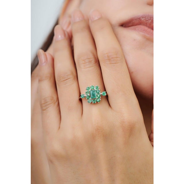 Green Vintage Style Emerald and Diamond Cluster Ring in Silver, Size 8.5 For Sale - Image 8 of 14