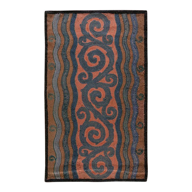 1930s Salmon Abstract Cloud Bands Antique American Hooked Rug 3' X 5'3" Knotted Wool Carpet For Sale