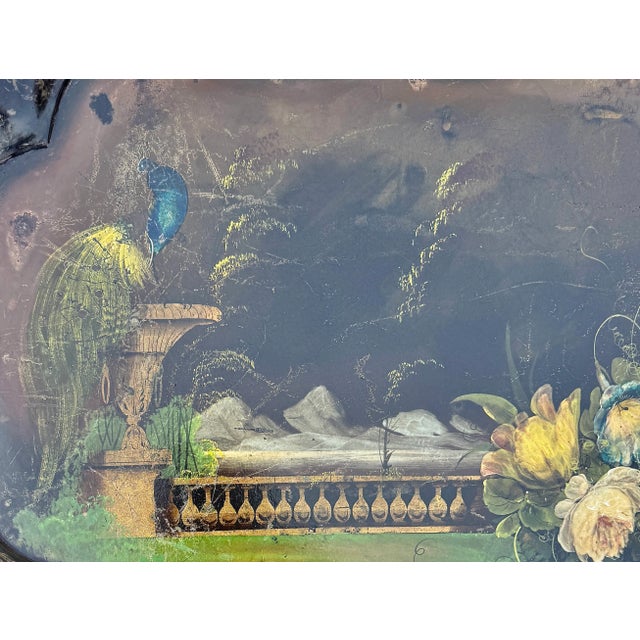 Hand-Painted Tray Table With Peacock & Garden Scene For Sale - Image 12 of 13