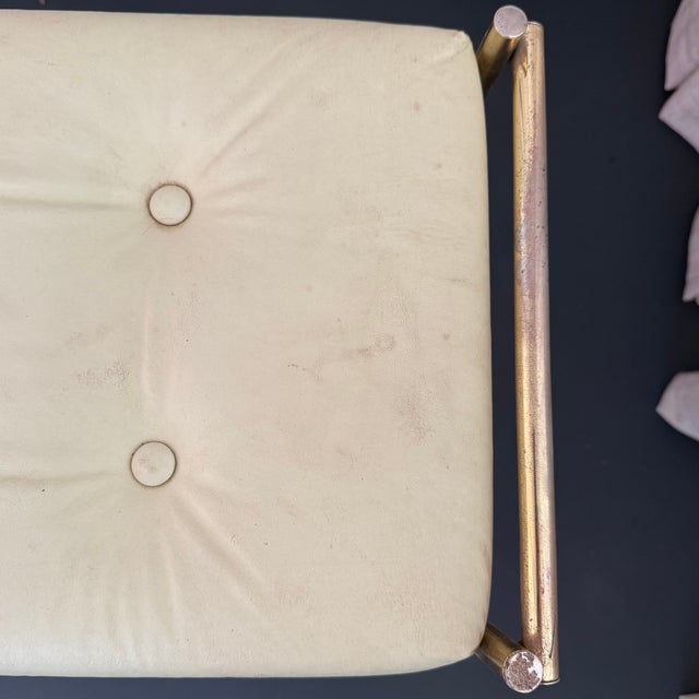 1960s Hollywood Regency Brass Toned Tufted Vinly Curule Vanity Stool For Sale - Image 5 of 7