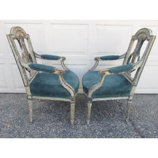 Pair of Antique French Crusty Painted Bergere Armchairs For Sale - Image 4 of 18