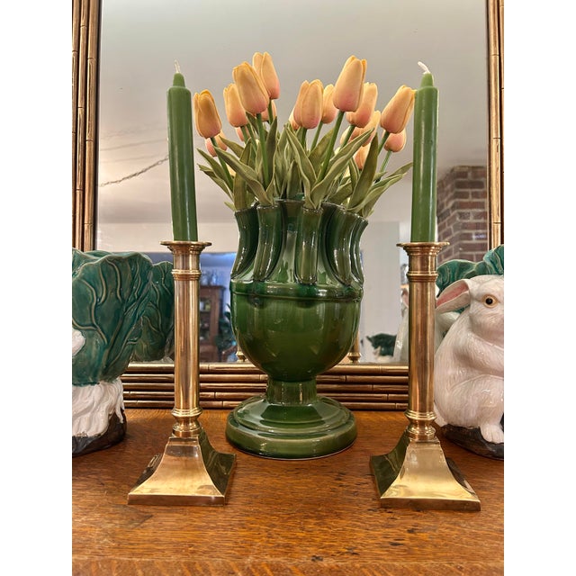 This pair of vintage Wildwood Lamps & Accents cast brass candlesticks features a Neoclassical architectural form. Each...
