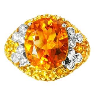 Late 20th Century 14K Yellow Gold Huge Orange Citrine Diamond Designer Ring, Size 7 For Sale