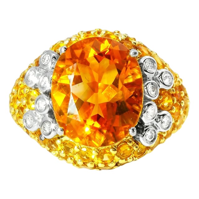 Late 20th Century 14K Yellow Gold Huge Orange Citrine Diamond Designer Ring, Size 7 For Sale