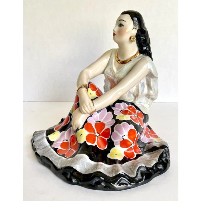 Figurative 1960's Porcelain Figure of Woman in Floral Dress For Sale - Image 3 of 12
