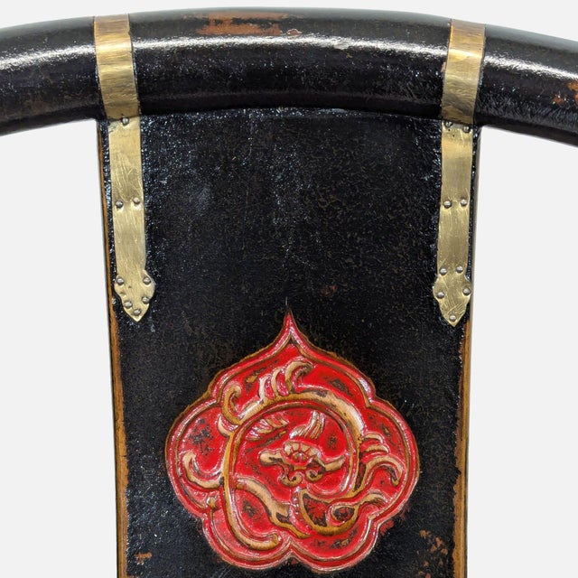 Chinese Folding Horseshoe Prayer Lounge Chair With Red and Gold Accents For Sale In San Francisco - Image 6 of 8
