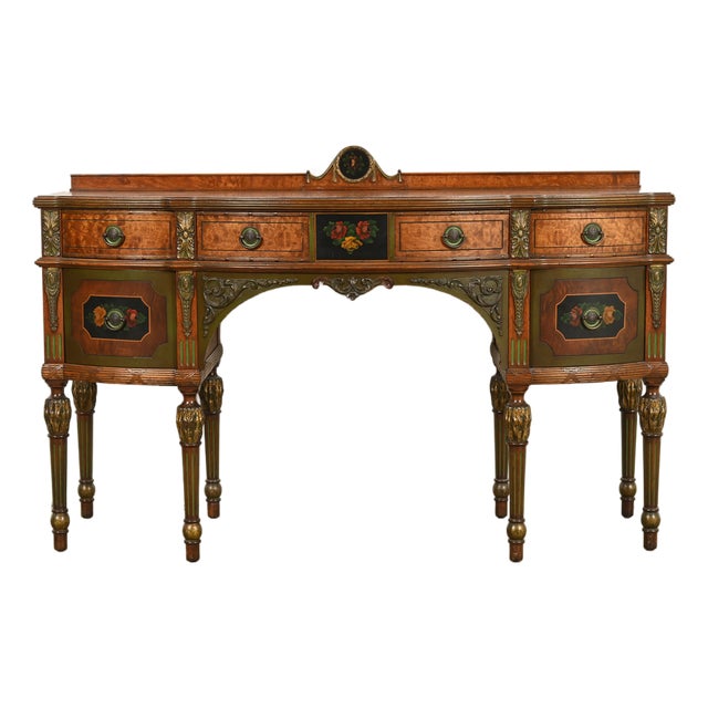 Berkey & Gay Style French Regency Louis XVI Hand Painted Walnut and Burl Wood Sideboard Credenza, Circa 1940s For Sale