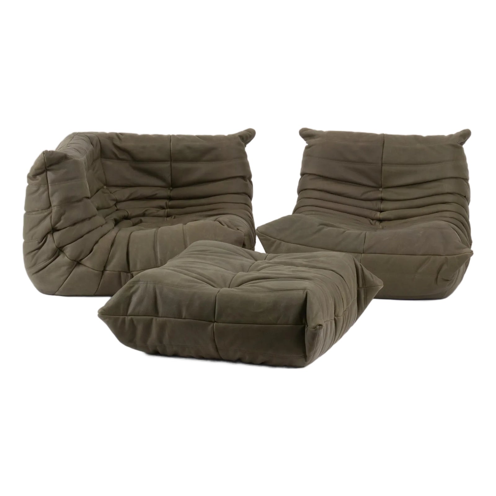 Rare Ligne Roset Togo 3-Piece Lounge in Stone Olive Leather | Chairish