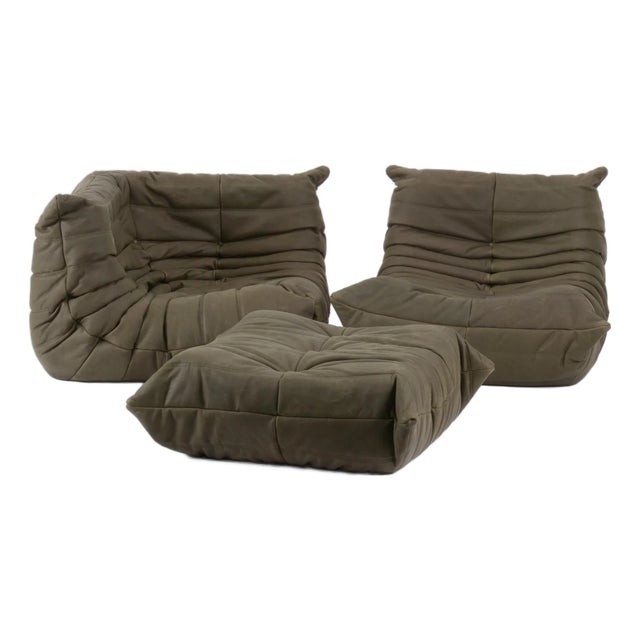 Rare Ligne Roset Togo 3-Piece Lounge in Stone Olive Leather For Sale