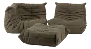 Rare Ligne Roset Togo 3-Piece Lounge in Stone Olive Leather