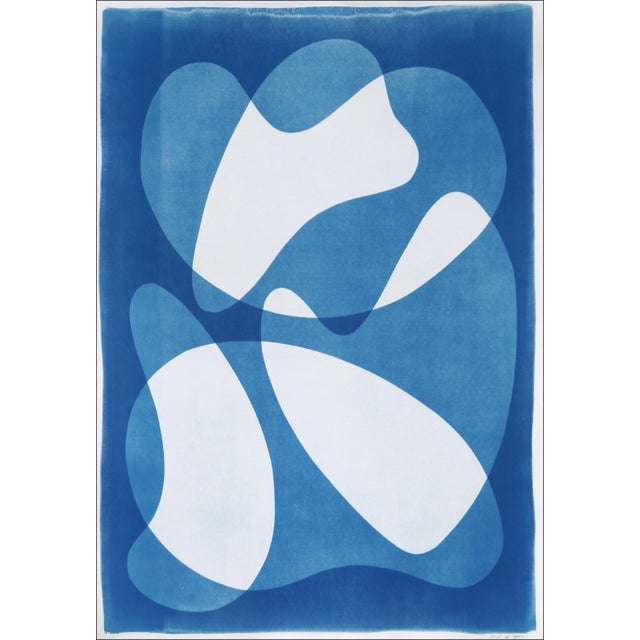 Mid-Century Modern Shapes, Handmade Cyanotype on Watercolor Paper in White and Blue Print, 2024 For Sale