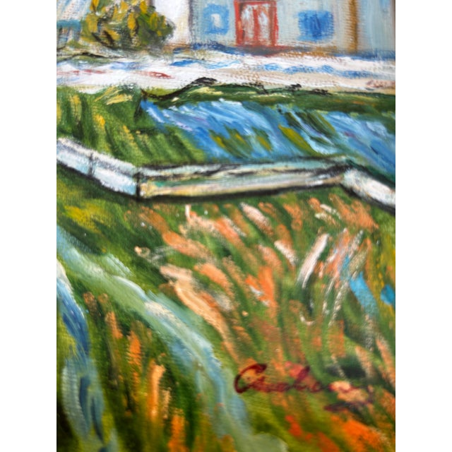 1980s Vintage Original Impressionist Farm Landscape Painting in Antique Shadow Box Frame For Sale - Image 5 of 6