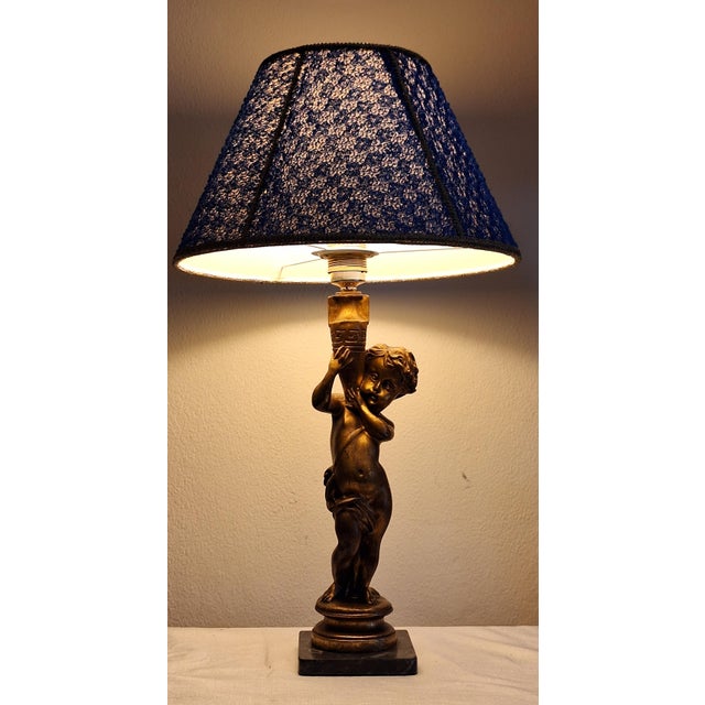 1970s Vintage Table Lamp with Gold-Patinated Putto Base and Fabric Shade from Lamplove, 1970s For Sale - Image 5 of 9
