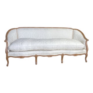 1960s Louie XIV Style French Sofa With Creme Colored Damask Fabric and Down Seat. For Sale