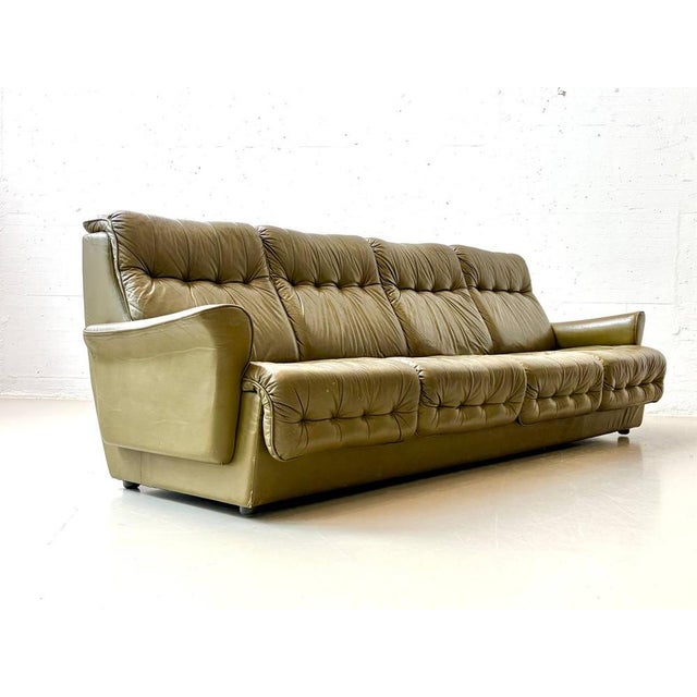 Olive Green Leather Sofa, 1970s For Sale - Image 12 of 16