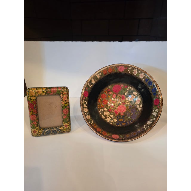 Large Kashmiri Laquerware Papier Mache Bowl and Picture Frame For Sale - Image 11 of 12