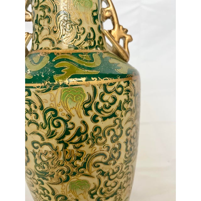 Vintage Chinoiserie Green & Gold Scrollwork Vase With Dragon Handles For Sale In Naples, FL - Image 6 of 10