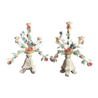 Italian Tole Potted Flower Candelabras - a Pair For Sale