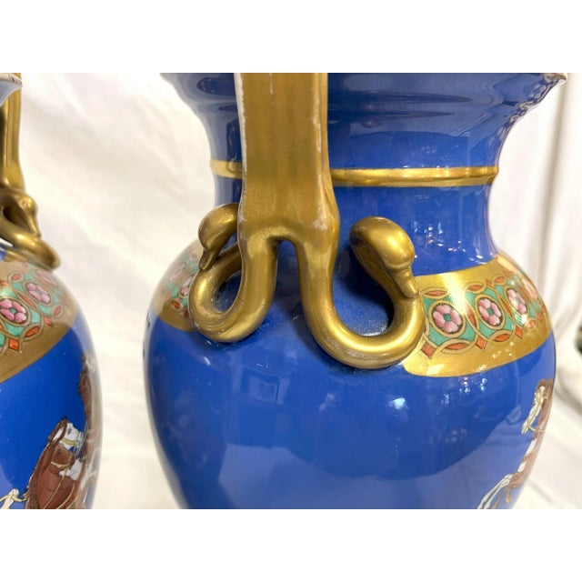 Early 20th Century European Neoclassical Hand Painted Blue Porcelain Urns With Chariot Scenes- a Pair For Sale - Image 10 of 12