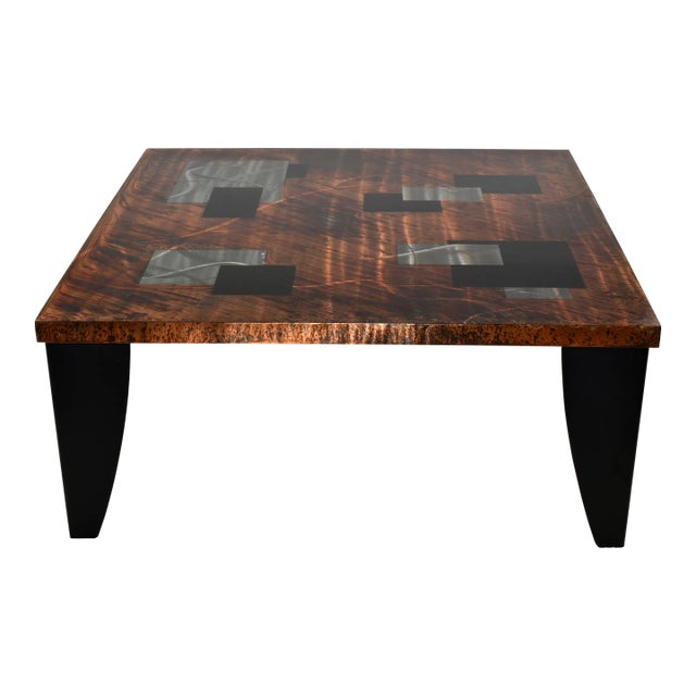 1980s Vintage Custom Square Metal Bronze Coffee Table With Geometric Copper and Silver Square and Rectangular Patterns For Sale
