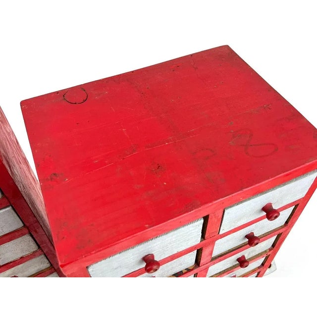 Wood Vintage 1950s Red Handmade Industrial Wood 10-drawer Storage Units - A Pair For Sale - Image 7 of 10