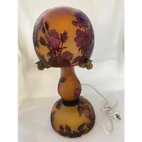 Glass Antique 1910s Art Nouveau Paul Nicolas d'Argental French Carved Roses Cameo Art Glass Lamp For Sale - Image 7 of 7