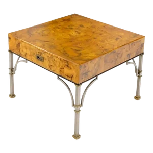 Square Burl Olive Wood Campaign Style Pull One Drawer Large End Side Table