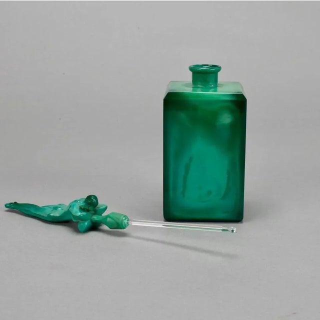 Art Deco Era Czech Malachite Glass Perfume with Nude Stopper For Sale - Image 4 of 6