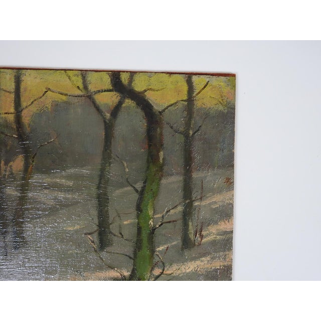 French Early 20th Century Snowy Winter Forest at Sunset Painting For Sale - Image 3 of 8
