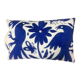 Accent Pillow in Otomi Mexican Hand Embroidery With Blue Velvet For Sale