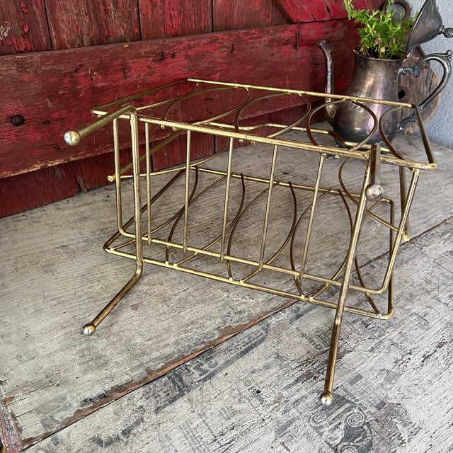 Vintage Brass Magazine Rack With Mid-Century Modern Design Wire Frame For Sale - Image 12 of 13
