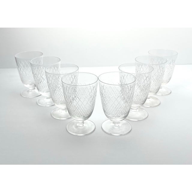 American 1950s Vintage Mid-Century 8 Footed Juice Glasses, Criss-Cross X Fishnet Cuts For Sale - Image 3 of 7