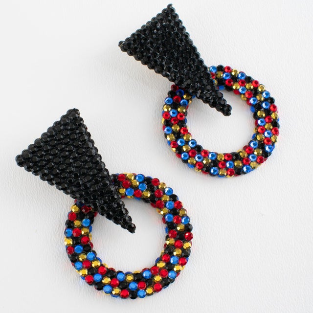 Richard Kerr Black and Multicolor Jeweled Dangle Clip Earrings For Sale In Atlanta - Image 6 of 8