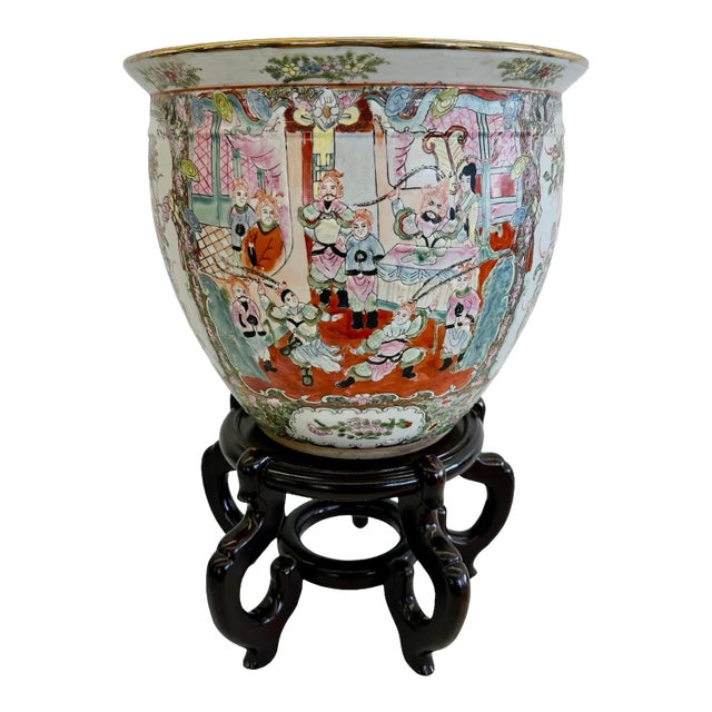 Large Hand-Painted Vintage Chinese Famille Rose Fishbowl Planter With Stand For Sale