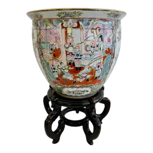 Large Hand-Painted Vintage Chinese Famille Rose Fishbowl Planter With Stand