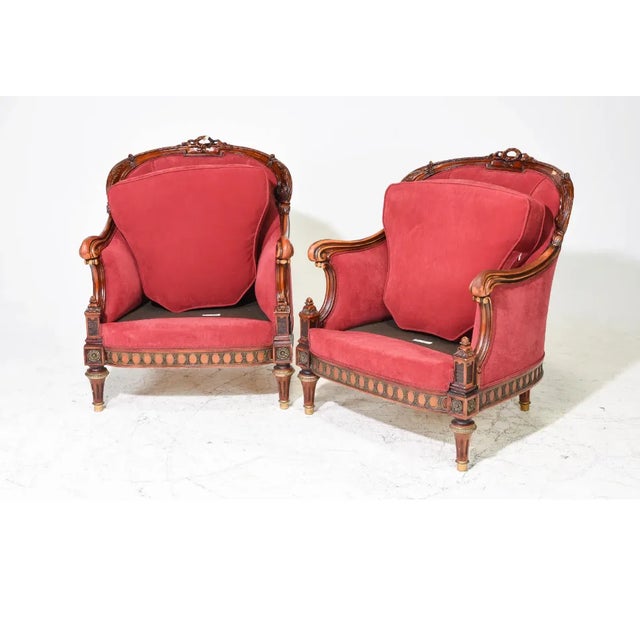 Early 20th Century French Louis XVI Style Bergere Arm Chairs With Ormolu Accents - a Pair For Sale - Image 5 of 6