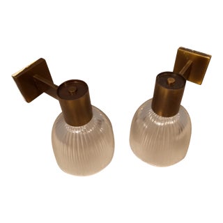 Brass Wall Lamps with Ribbed Glass from Fidenza Vetraria in the Style of Azucena, 1950s, Set of 2 For Sale