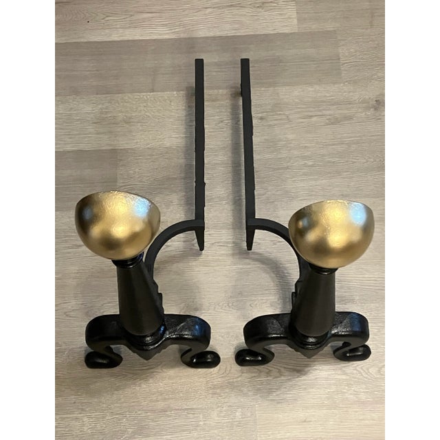 American Pair of Vintage Cast Iron Andirons With Brass Colored Balls For Sale - Image 3 of 8