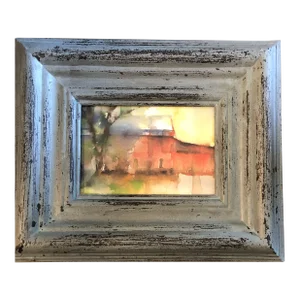 1970’s Vintage Abstract Barn Watercolor Painting Distressed Wood Frame