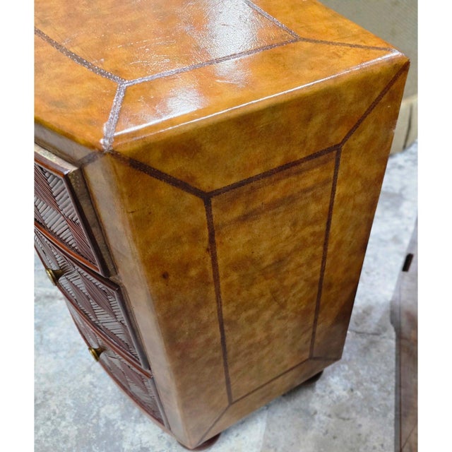 Late 20th Century Pair of Lineage Home Woven Rattan Front and Leather-Clad Bow Front Chest of Drawers For Sale - Image 16 of 18